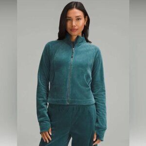 Lululemon Scuba Track Jacket Velvet Velour Cord Storm Teal Cotton Jersey size 6